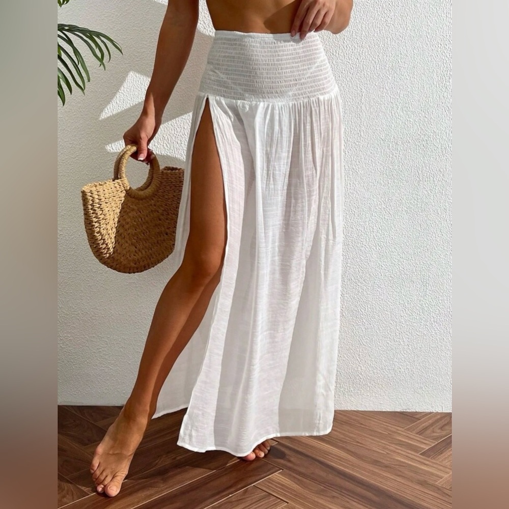 White High-Waist Split Maxi Skirt